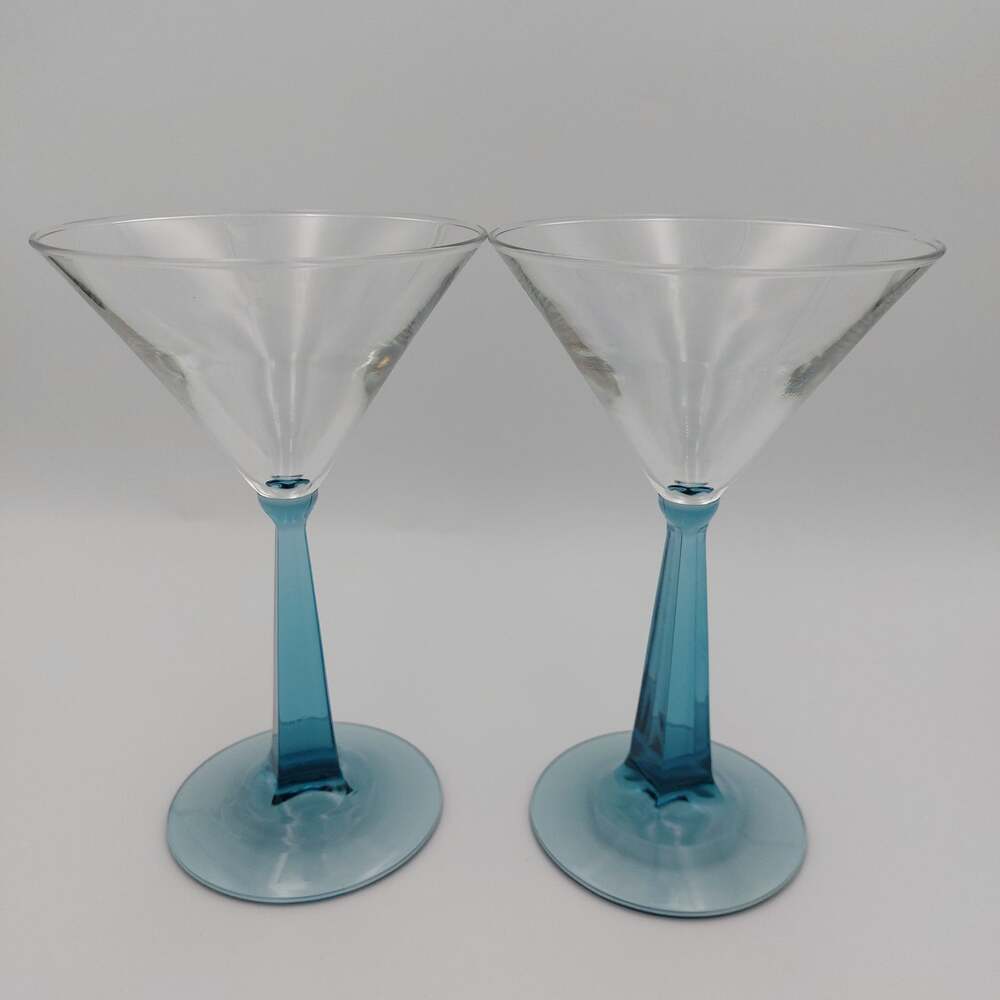 VTG Bombay Sapphire Martini Glasses Set of 2 Blue Square Stem Etched Gin Barware